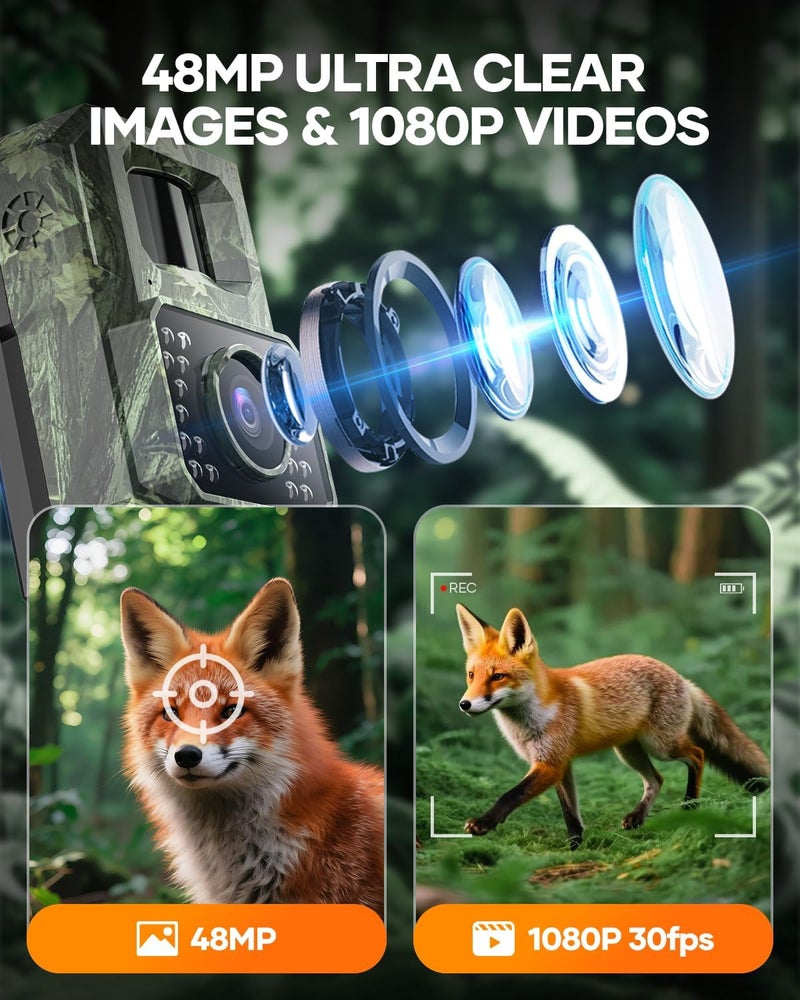 Assark Solar Trail Camera 48MP 30FPS, WiFi Bluetooth Game Camera with Motion Activated 0.2s Trigger, Night Vision Motion Activated IP66 Waterproof for Wildlife Scouting with 32GB Micro SD Card - Image 4